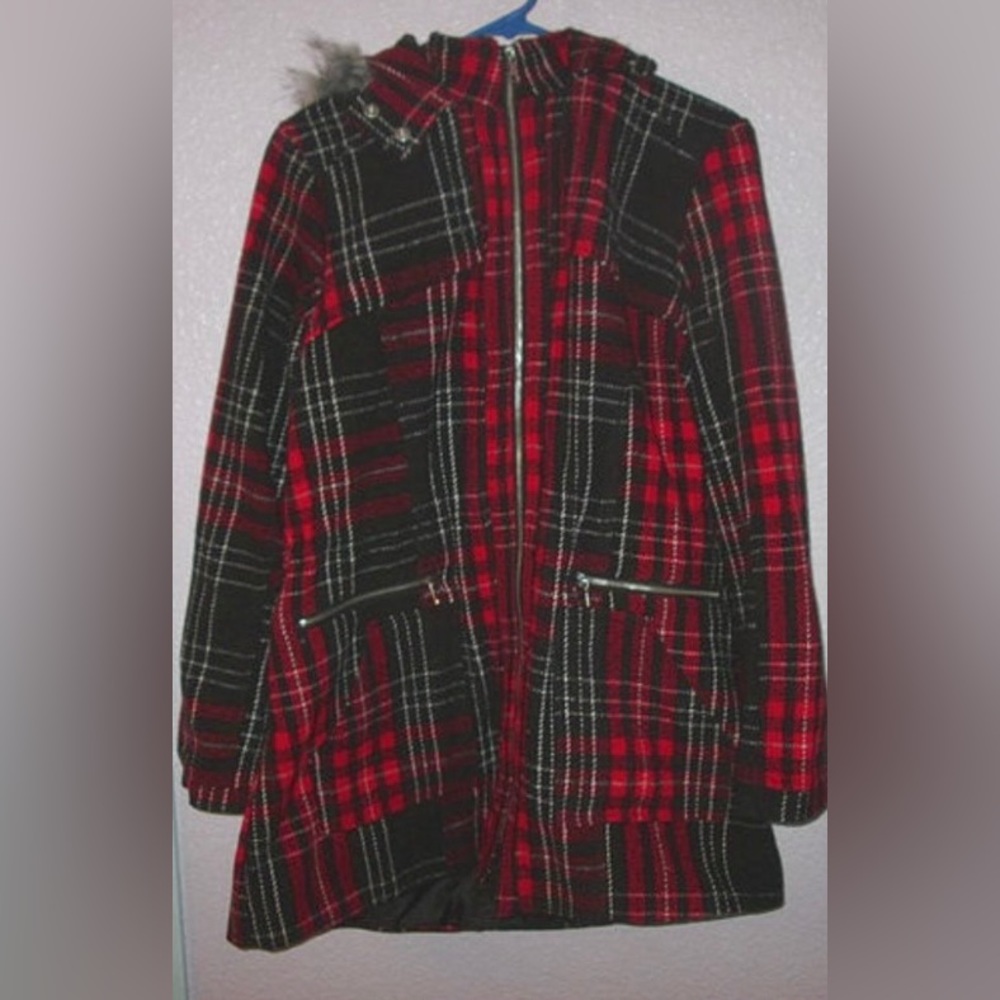 Metaphor brand, Tartan Plaid FUR HOOD Zip-Front WOOL BLEND XL Junior or L womens